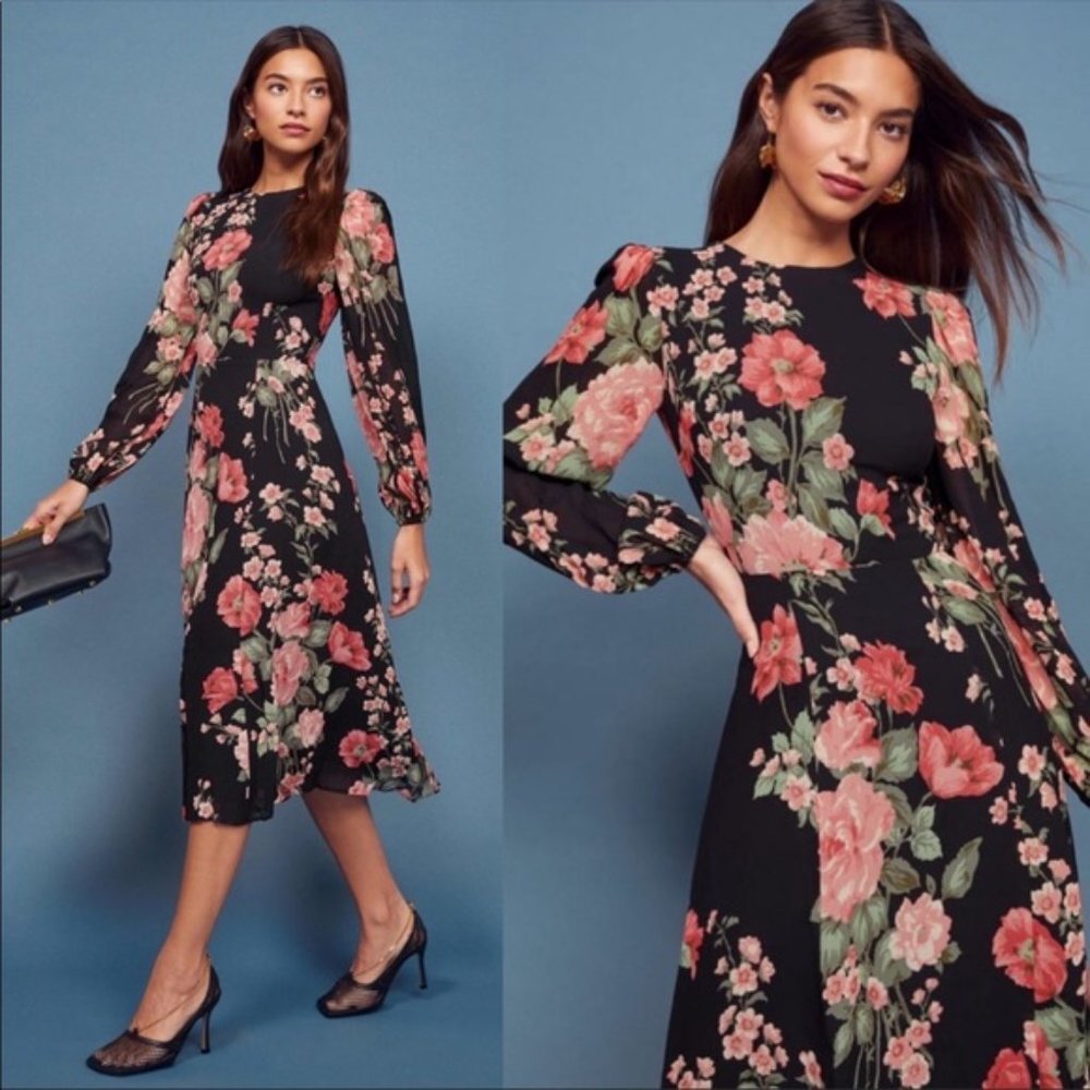 Reformation Luanne Midi in Louise Black Floral - Sz 2 - Picture 2 of 7